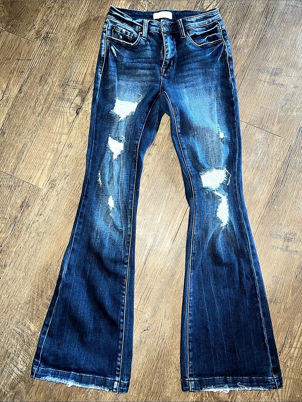 Petra 153 Distressed Flare Jeans in Blue Waist 25